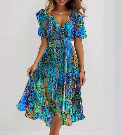 Sara™ - Blue Short Sleeve Midi Dress