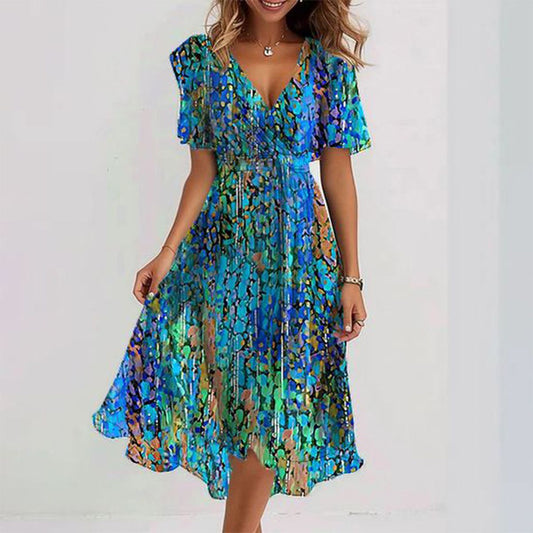 Sara™ - Blue Short Sleeve Midi Dress